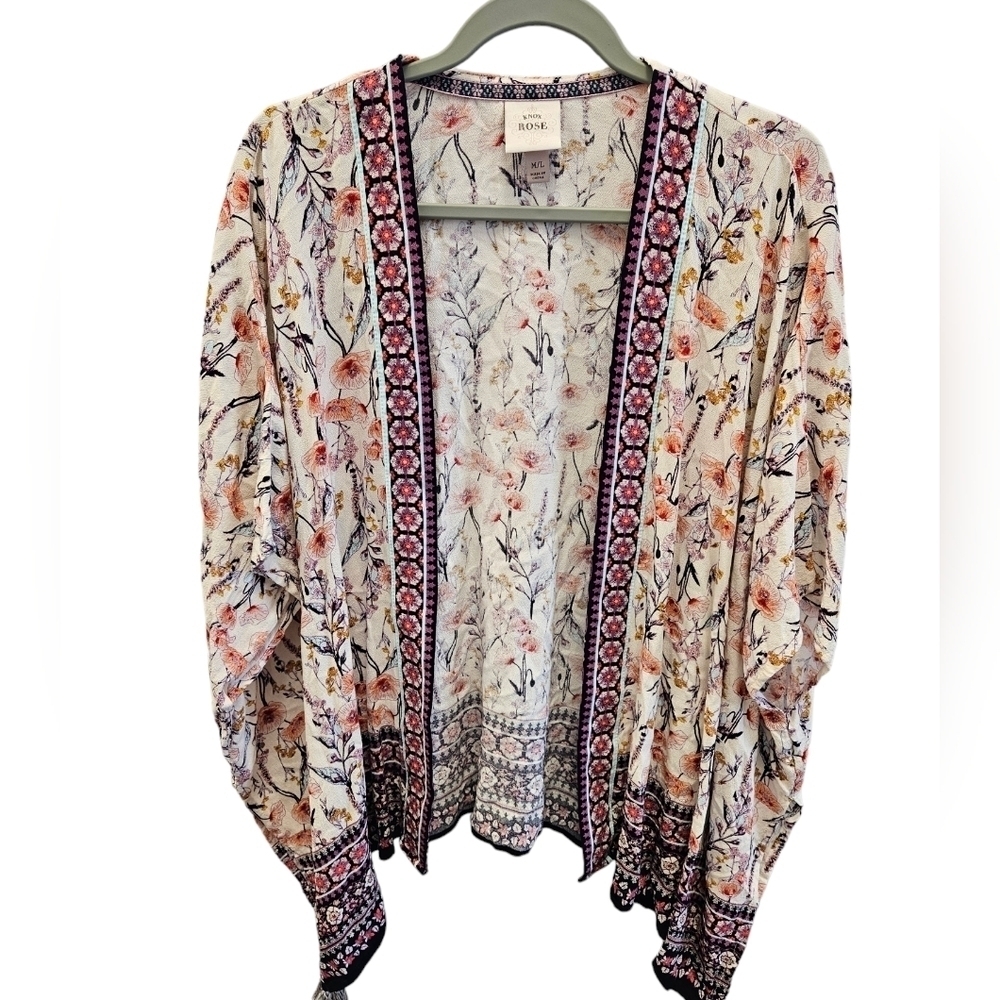 Knox Rose Floral Boho Tassel Kimono Wrap Top